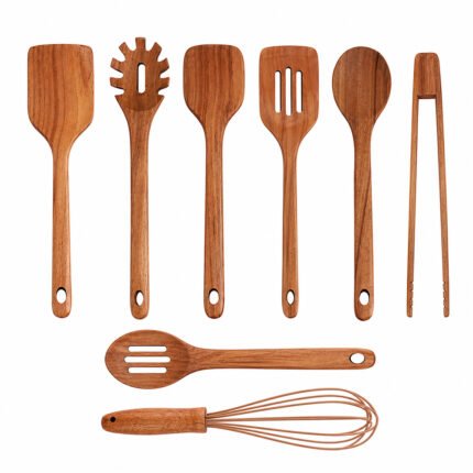 Wooden Spoons for Cooking – Wooden Cooking Utensils Set with Holder, Spoon Rest & Hooks, Teak Wood Nonstick Kitchen Cookware – Durable Set of 8pcs by
